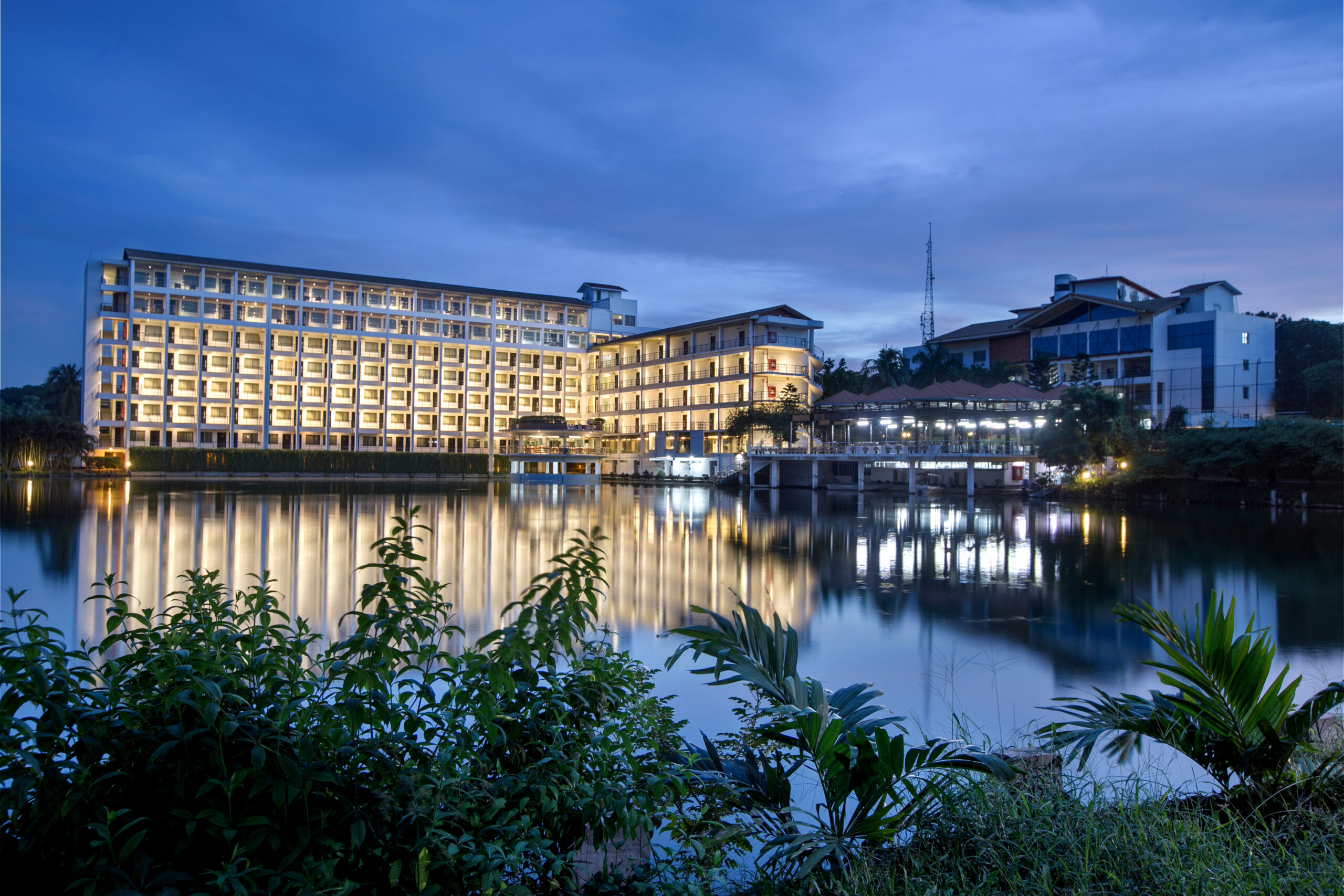 Lakeside view of BRAC CDM at dusk